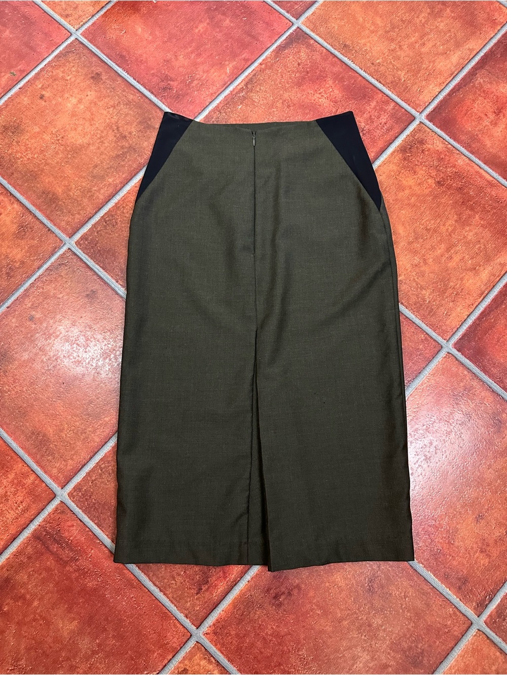 Rachel Comey 100% Wool Olive Green Pencil Skirt with Black Stretch Side Panels